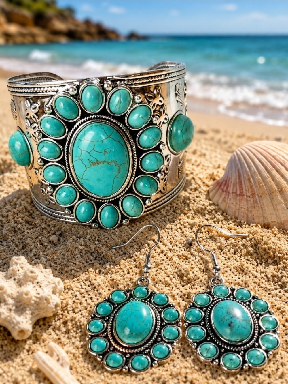 Faux Veined Turquoise Color Silver Tone Cuff Bracelet and Pierced Earrings Set